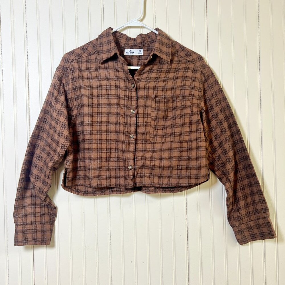 Hollister Shirt Women's XS Brown Flannel Button Up Cropped Plaid‎ Long Sleeve